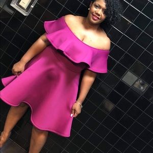 Pink off the shoulder dress.